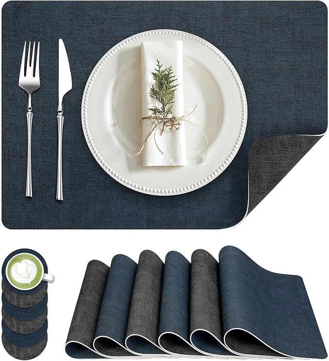 Fyvva Placemats Set of 6, Faux Leather Heat Resistant Wipeable Placemats, Dual Sided Waterproof Washable Table Mats with Coaster, Suitable for Kitchen, Dining, Table Decor (6, Black Navy Blue)