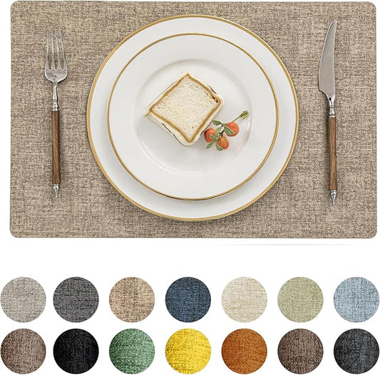 Romanstile Vinyl Placemats Set of 4-12 X 17 Inch - Heat Resistant Place Mats 100% Waterproof Oilproof Wipeable Reversible Faux Leather Table Mats for Kitchen, Dining, Party, Outdoor, Khaki