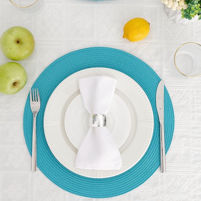 HODJOY Round placcemats Set of 6, Table mats for Indoor and Outdoor Dining Table, Washable Woven Non-Slip placemats, 15inch (Aqua)