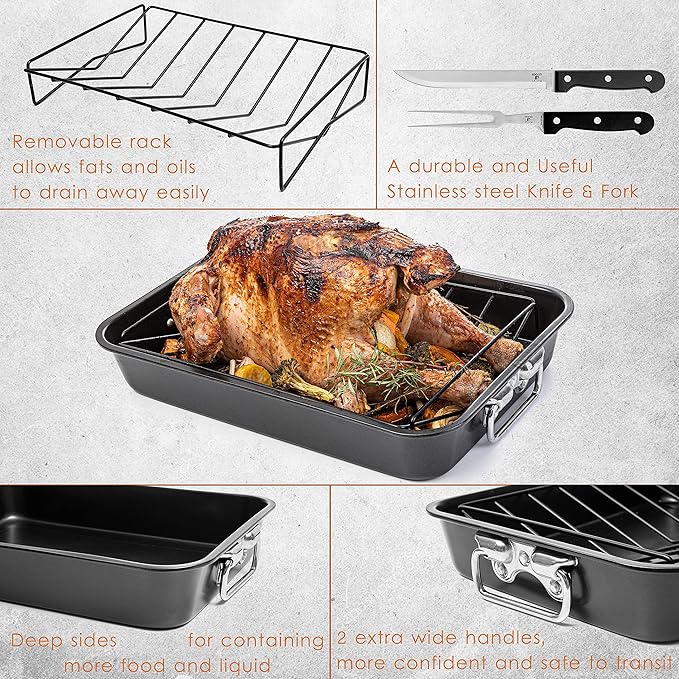 Moss & Stone Carbon Steel Roaster Pan With ?쏺??Shape Removable Roasting Rack Set, 16.5 Inch Rectangular Nonstick Roasting Pan, Turkey Roaster Pan Rack With Carving Fork & Chef Knife