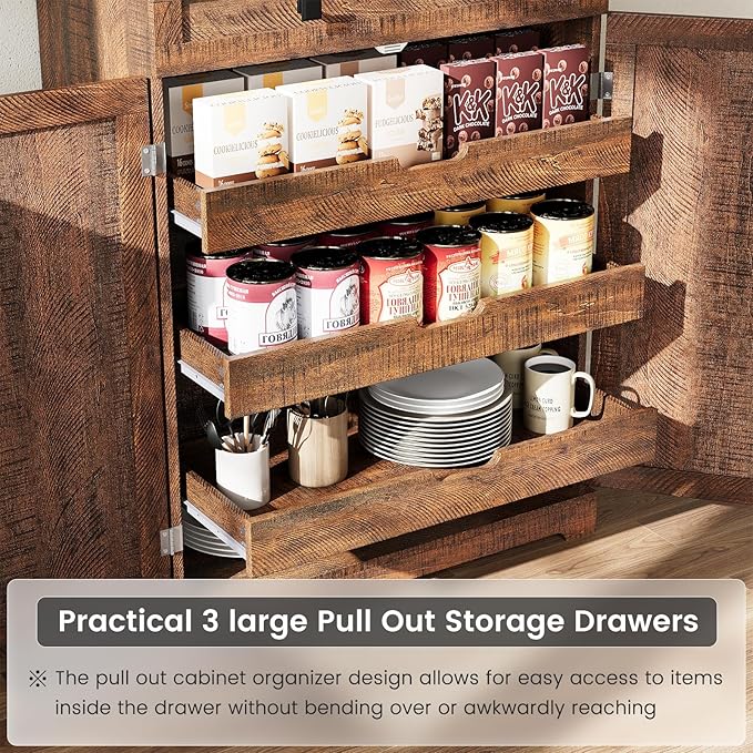 ELYKEN 72" Kitchen Pantry Storage Cabinet with Barn Doors, Pull Out Shelves & Drawer Organizer, Farmhouse Tall Kitchen Cupboard Cabinet, Wood Food Pantry for Kitchen Dining Room, Rustic Brown