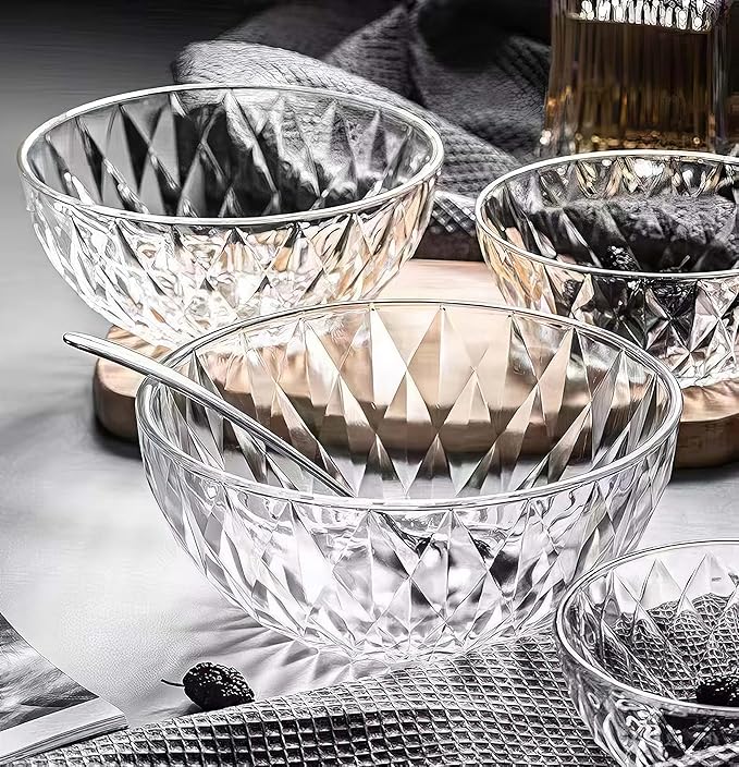 Le'raze Glass Diamond Design Bowl - Decorative Centerpiece for Kitchen & Home Decor, Great for Dining, Living Room, Serving, Salad, Pasta, Candy, Fruit