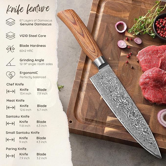 Wakoli EDIB Pro 5-Piece Damascus Knife Set ??Professional Chef Knives Set with VG10 Core Blades, 67-Layer Damascus Steel and Ergonomic Pakkawood Handles ??Premium Kitchen Knives in Wooden Gift Box