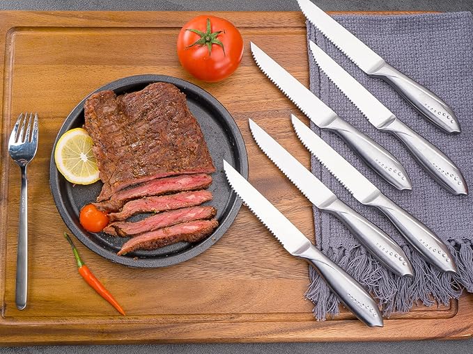 WELLSTAR Serrated Steak Knife Set of 6, Razor Sharp German Steel Blade 4.75 inch and Comfortable Stainless Steel Hollow Handle Durable Diner Table Knives Pack for Home Restaurant