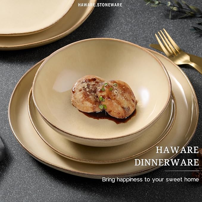 HaWare Dinnerware Sets, 12-Piece Stoneware Plates and Bowls Set, Dish Set for 4, Ceramic Dishware for Home Restaurant, Chip and Scratch Resistant, Microwave and Dishwasher Safe, Reactive Sandy Khaki