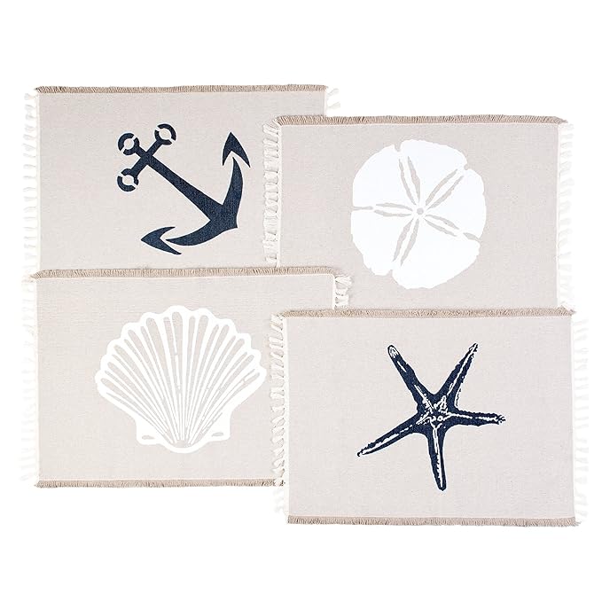 Living Fashions Table Placemats Set Of 4 - Beach Themed Nautical Kitchen Placemats For Dining Table - 100% Washable Cotton Place Mat- Seashell, Sand Dollar, Starfish & Anchor Designs With Fringes