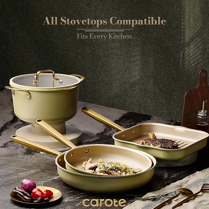CAROTE 19Pcs Pots and Pans Set, Non Stick Induction Cookware Sets with Durable Cast Steel Handle, Oven-Safe Pots and Pans with Cooking Utensils, PFOS/PFOA Free, Dishwasher Safe, Aluminum