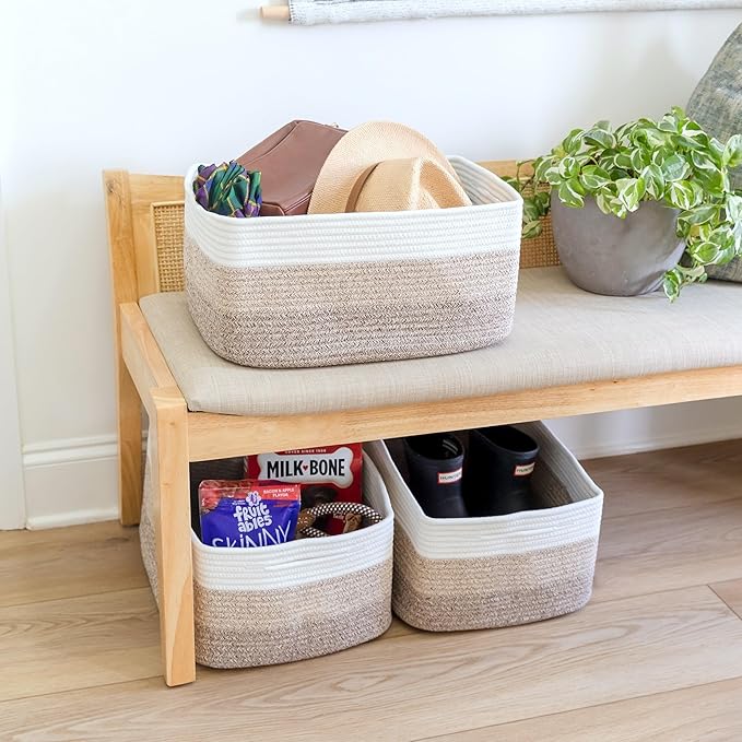NaturalCozy Storage Baskets 16.8?쓝13?쓝7.6??Cotton Rope Woven Baskets for Organizing 3-Pack | Toy Storage Bins | Basket for Shelves, Laundry, Blanket, Clothes, Closet, Kitchen, Bathroom, Gifts