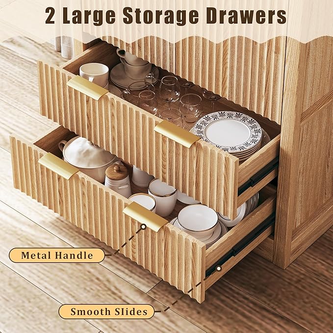 71" Tall Arched Kitchen Pantry, Fluted Pantry Cabinet with Doors, Kitchen Storage Cabinets with 2 Large Drawers and Adjustable Shelves, for Dining Room, Living Room, Natrual