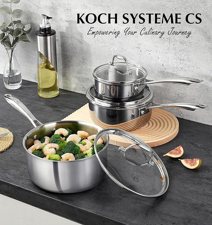 KOCH SYSTEME CS Triply Stainless Steel Saucepan, 3 Quart Stainless Steel Pot with lid, Large Cooking Pot, 3QT Sauce Pan with Stay Cool Handle, Induction Compatible Pot, Oven Safe 600째F