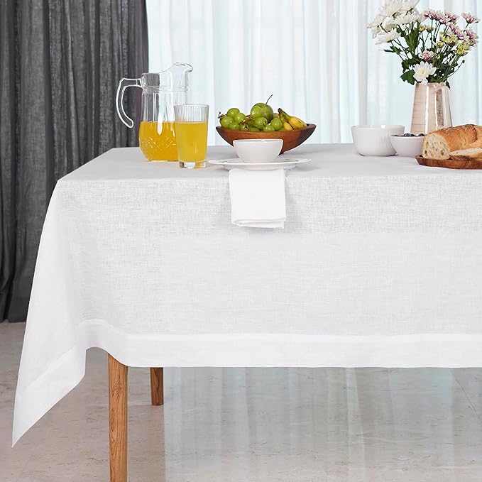 D'Moksha Homes Linen White Tablecloth 60 x 90 Inch - 100% Pure Linen Rectangular Tablecloth - Machine Washable Table Cloth for Valentines, Spring, Easter