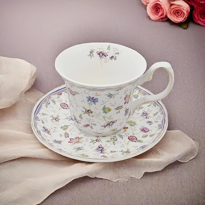GOMMO Vintage Style Floral Tea Cup and Saucer Set for 1, English Elegant Fine China Tea Cup, 7 oz Cappuccino Espresso Latte Mug (1, Vintage Floral)