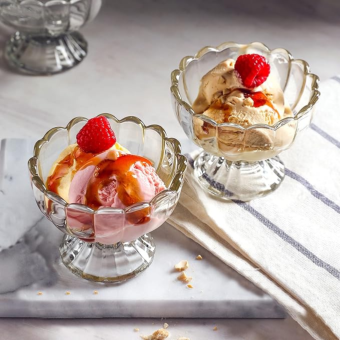 KMwares 6PCs Set 5oz Small Cute Footed Tulip Glass Dessert Bowls/Cups - Perfect for Dessert, Sundae, Ice Cream, Fruit, Salad, Snack, Cocktail, Condiment, Trifle and Christmas Holiday Party (Clear)