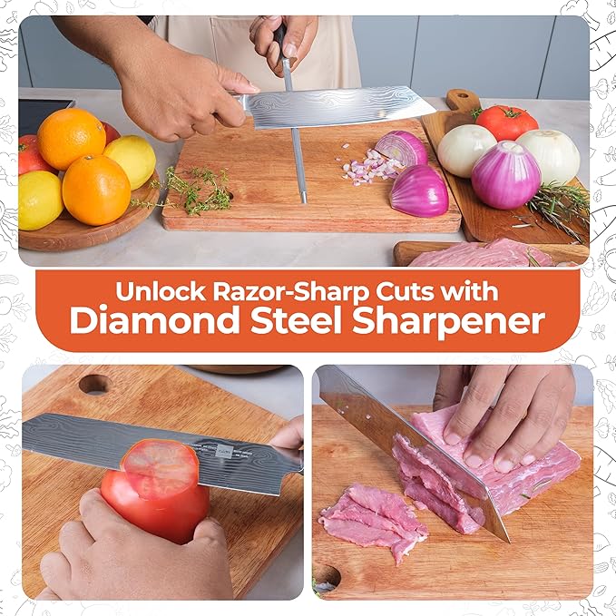 Gidli 8-Inch Chef Knife with Diamond Sharpener ??Sharp Kitchen Knife Made of German Carbon Stainless Steel with Ergonomic Wooden Handle for Slicing, Chopping&Dicing of Meat, Seafood -Gift Box Included