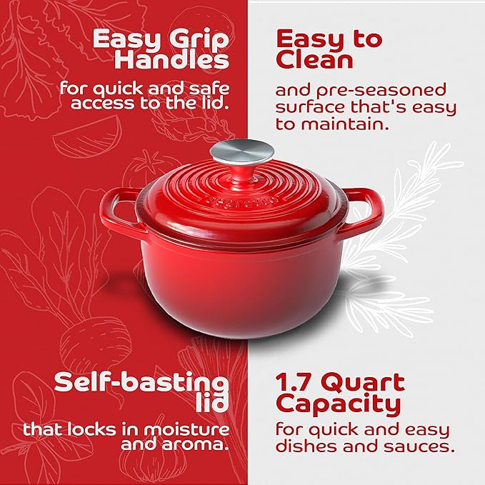 Segretto Cookware Enameled Dutch Oven Pot with Lid Rosso (Gradient Red) 1.7 Quarts Cast Iron Dutch Oven with Handle 1.7 qt Enamel Small Cast Iron Pot for Bread Baking, Cooking