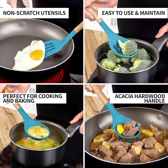 Zulay Kitchen Non-Stick Cooking Utensils Set with Authentic Acacia Wood Handles ??5-Piece Durable & Stylish Silicone Kitchen Utensils Set ??Heat Resistant to 464째F ??Blue