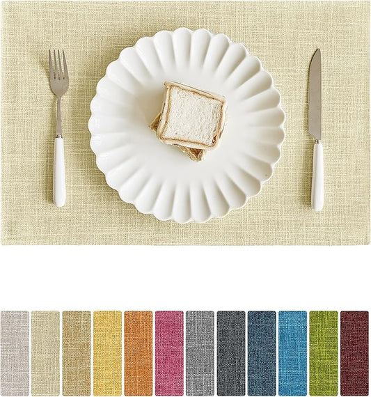 Softalker Faux Linen Placemats Set of 6-12 x 18 Inch, Heat Resistant Double Layered Durable Burlap Farmhouse Place Mats, Non-Slip Washable Rustic Table Mats for Dining, Kitchen, Party竊뉽ight Linen
