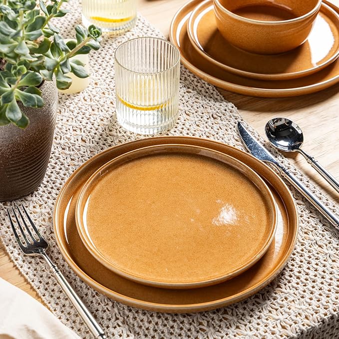 GBHOME Ceramic Dinnerware Sets for 8, 24 Pieces Stoneware Plates and Bowls Sets, Scratch Resistant Dishes, Dishwasher & Microwave Safe, Reactive Glaze-Amber
