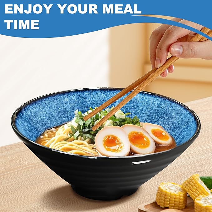 8-Inch 4 Sets Ceramic Ramen Bowl (16 Piece) - Japanese Porcelain Dishwasher Microwave Safe Salad Noodles Cereal Pasta Soup Large Bowls with Chopsticks Forks Spoons for Men Women Housewarming Gift