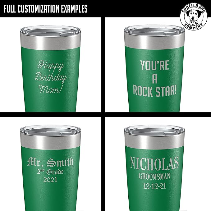 Personalized 20oz (17 Colors) Powder Coated Insulated Stainless Steel Tumbler with Lid, Custom Etched, Customized Text Message Name, Engraved Gift Idea Women Men Him Her, Your Text Here (Green)