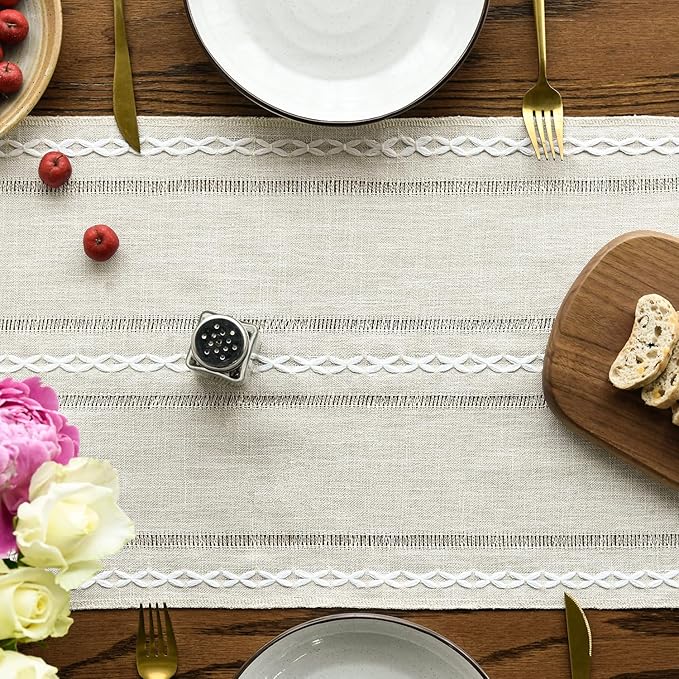 Artoid Mode Beige Rustic Cotton Linen Table Runner, Seasonal Embroidered Hollow Kitchen Dining Table Decoration for Home Party Decor 13x36 Inch