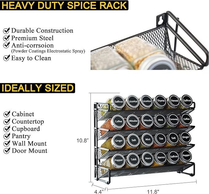 SpaceAid Spice Rack Organizer with 24 Spice Jars, 386 Spice Labels, Chalk Marker and Funnel Set for Cabinet, Countertop, Pantry, Cupboard or Door & Wall Mount -24 Jars, 11.8" W 횞 10.8" H, Black