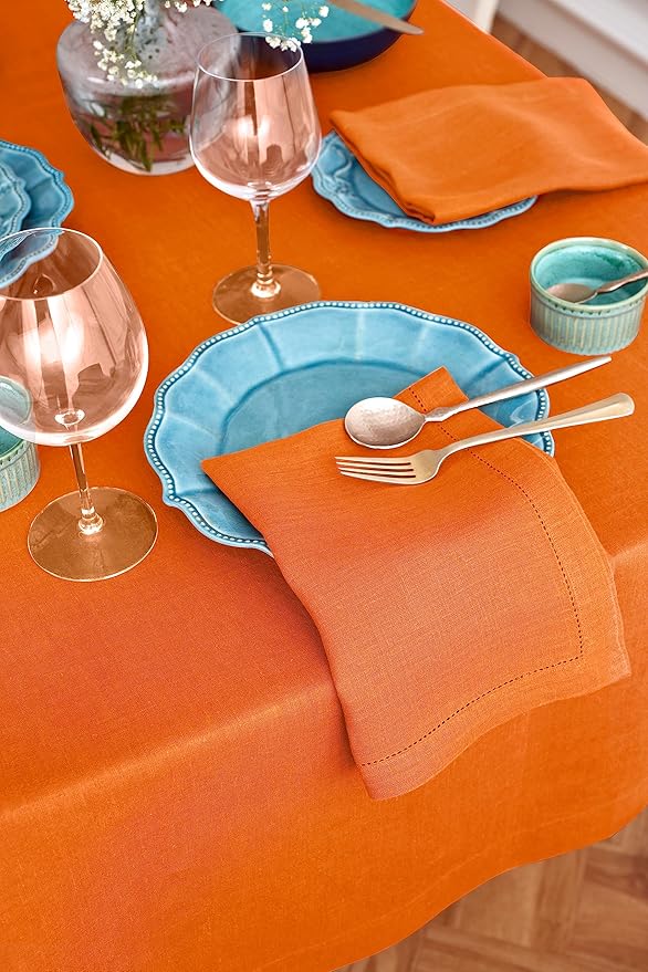 Solino Home Linen Tablecloth for Rectangle Tables 70 x 108 Inch - 100% Pure Linen Pumpkin Table Cloth - Sonoma, Machine Washable Cloth Tablecloth
