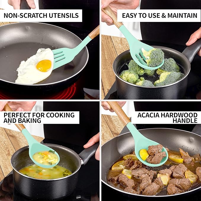 Zulay Kitchen Non-Stick Cooking Utensils Set with Authentic Acacia Wood Handles ??5-Piece Durable & Stylish Silicone Kitchen Utensils Set ??Heat Resistant to 464째F ??Aqua
