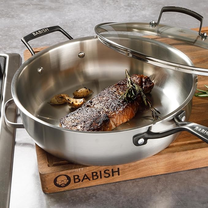 Babish 5-Qt Stainless Steel Saut챕 Pan with Lid ??Heavy Duty Nonstick-Ready, Oven & Induction Safe, Everyday Kitchen Cookware