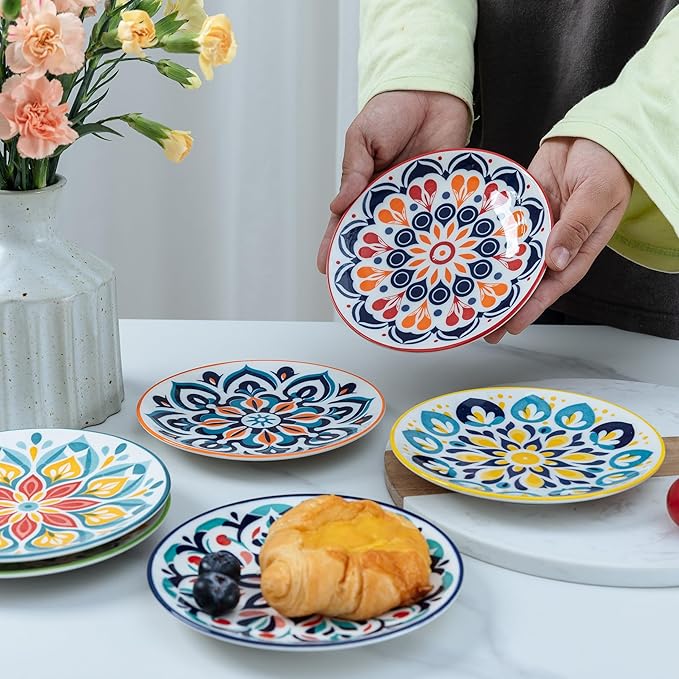 LEHAHA Porcelain Appetizer Plates Set of 6, 6 Inch Small Ceramic Dessert Plates, 6-Piece Floral Round Plates for Salad, Appetizer, Snack, Microwave & Dishwasher Safe