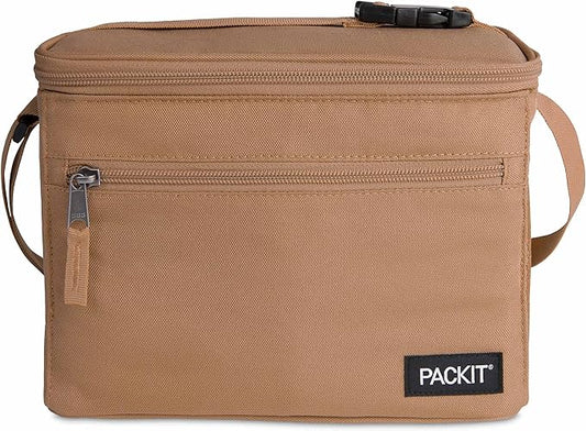 PackIt짰 Freezable Essential Cooler, Almond, Built with ECOFREEZE Technology, Fully Freezable, Collapsible, Reusable, With Removable Crossbody Strap, Top Clip Handle, Designed for Fresh Office