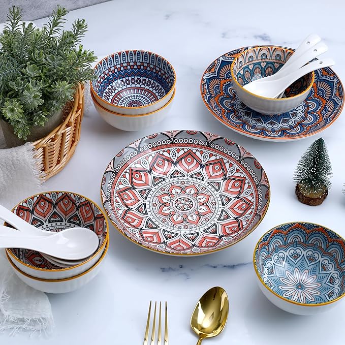 Bohemian Style Porcelain Dinnerware Set, 12-Piece Plates & Bowls, Microwave & Dishwasher Safe, Unique Pattern Gift Set