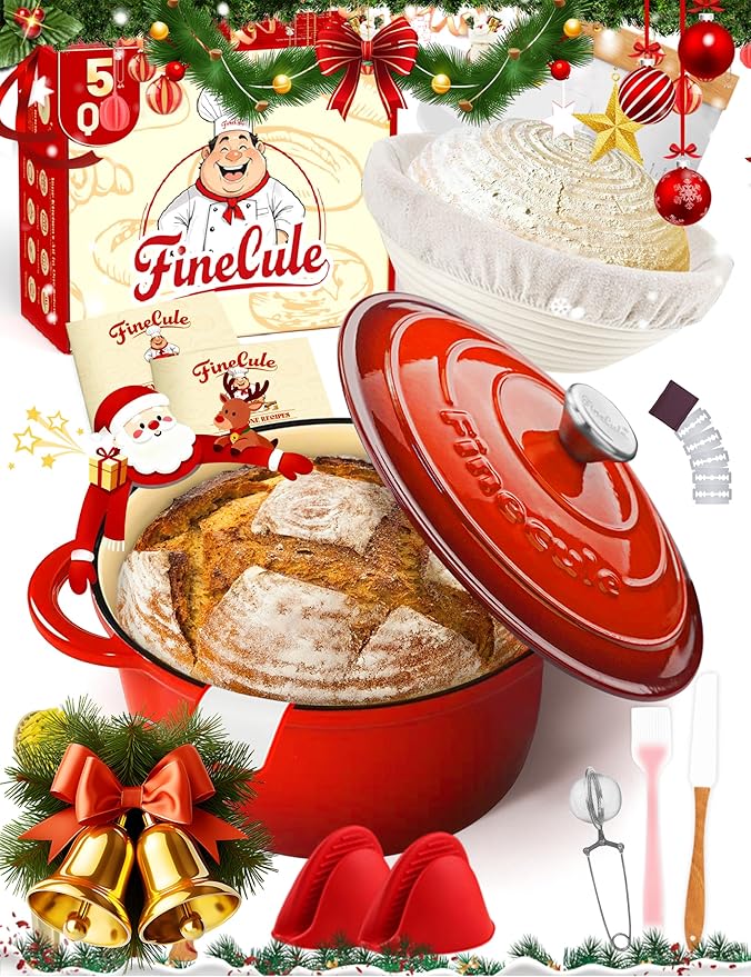 5QT Enameled Cast Iron Dutch Oven for Bread Baking, Sourdough Bread Making Supplies Tools Starter Kit, Dutch Oven Pot with Lid, Banneton Bread Proofing Basket and Scoring Lame, Red Christmas Gifts Idea