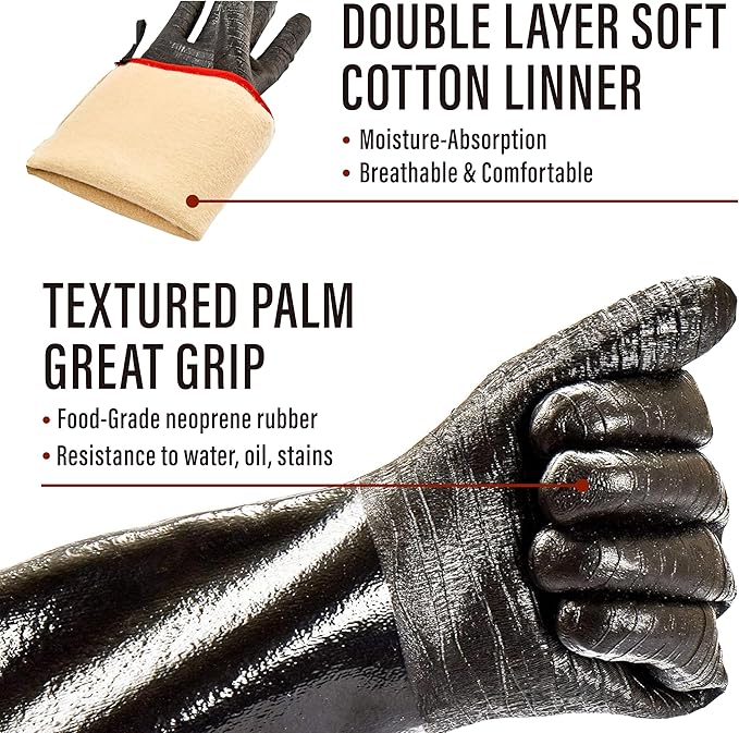RAPICCA Heat Resistant BBQ Grill Gloves: Oil Resistant Waterproof for Smoking Grilling Cooking Barbecue Deep Frying Turkey Rotisserie Handling Hot Greacy Meat - Long Sleeve 932째F