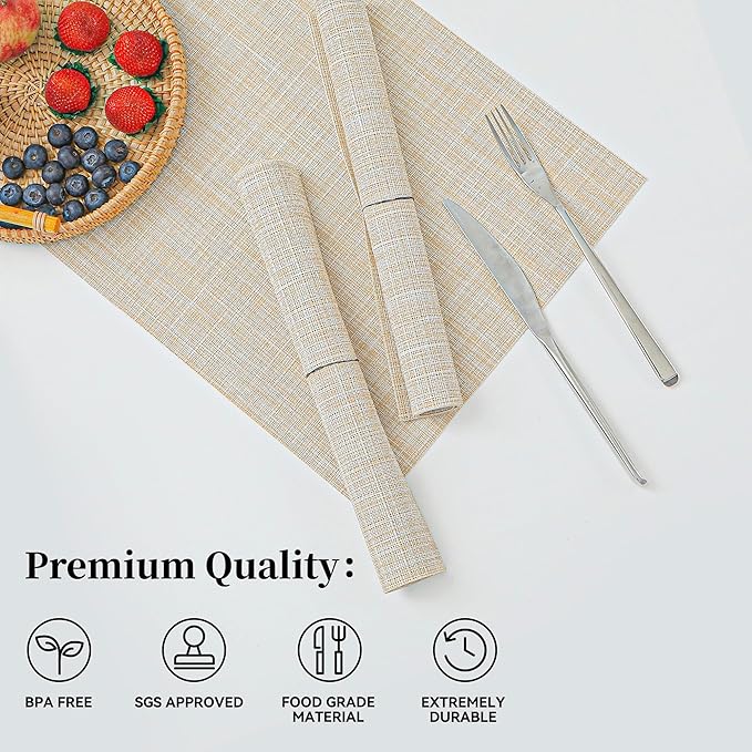 Leetaltree 6PC Grey& 6PC Beige Placemats Set of 12 - Heat Resistant Non-Slip Place mats for Dining Table, Washable Durable PVC Vinyl Woven Table Mats竊?PC Grey&6PC Beige竊? Grey&beige