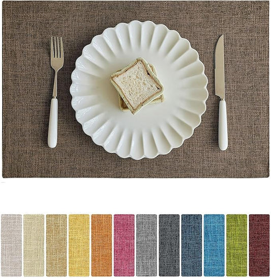 Softalker Faux Linen Placemats Set of 12-12 x 18 Inch, Heat Resistant Double Layered Durable Burlap Farmhouse Place Mats, Non-Slip Washable Rustic Table Mats for Dining, Kitchen, Party竊뉰rown