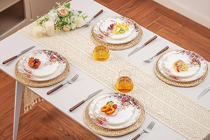 FHGNYSM Dinnerware Sets, Plates Set, with Bowels, Artistic 12-Piece Ceramic Dinnerware, for Home Restaurant, Chip and Scratch Resistant, Microwave and Dishwasher Safe, Rose Collection