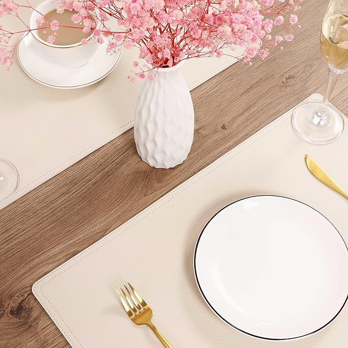 Set of 6 Faux Leather Placemats, PU Table Mats, Waterproof, Stain Resistant, Heat Resistant, Non-Slip Easy to Clean for Kitchen Dining Table,Conference Table, Beige