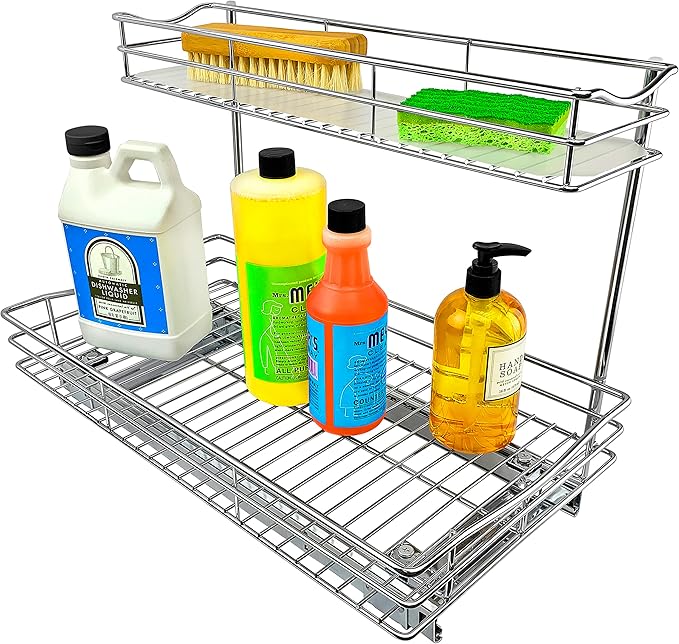 LYNK PROFESSIONAL짰 Pull Out Under Sink Kitchen Cabinet Organizer - 11.5 in. x 18 inch deep Drawer - Sliding Shelf Organizer for Cabinets and Undersink Storage Shelves - Lifetime Ltd. Warranty ??Chrome