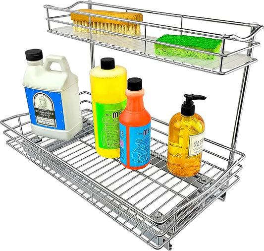 LYNK PROFESSIONAL짰 Pull Out Under Sink Kitchen Cabinet Organizer - 11.5 in. x 18 inch deep Drawer - Sliding Shelf Organizer for Cabinets and Undersink Storage Shelves - Lifetime Ltd. Warranty ??Chrome