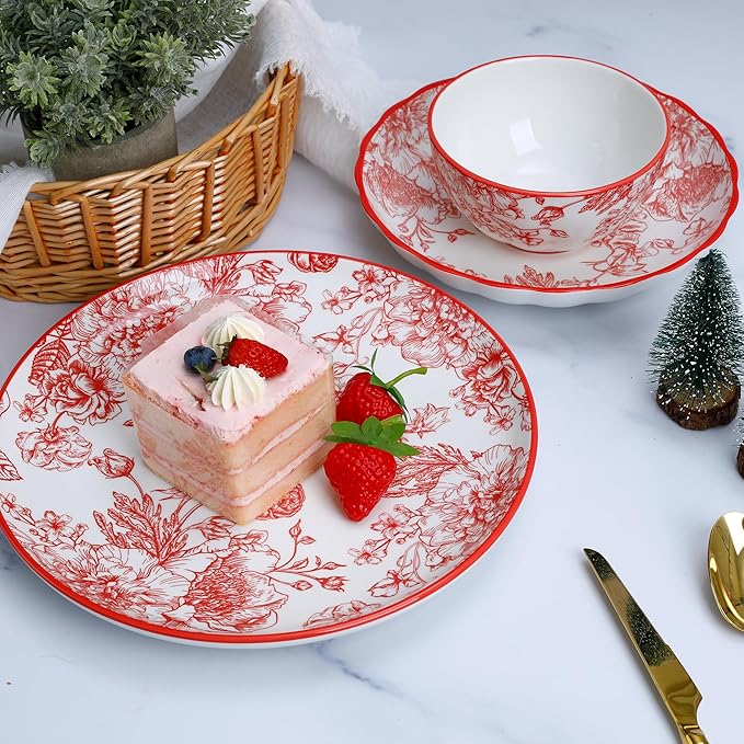 12-Piece Rose Queen Dinnerware Set, Porcelain Plates with Red & White Design, Service for 4, Microwave and Dishwasher Safe