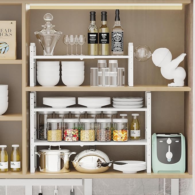 Expandable Shelf for Cabinet Organizer Adjustable Stackable Spice Rack at Kitchen and Bathroom More,2 Packs/White, Medium