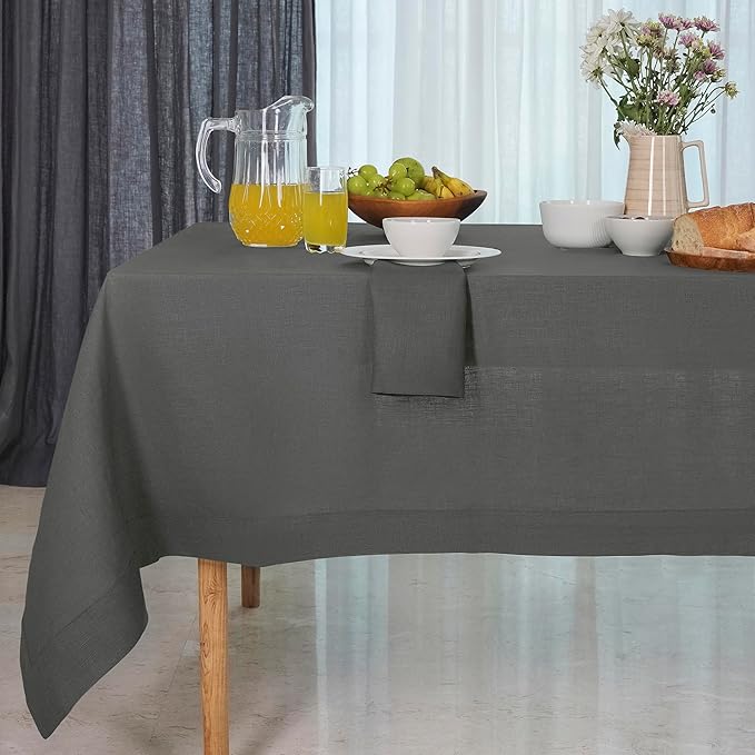 D'Moksha Homes Linen Tablecloth for Rectangle Tables 60 x 156 Inch - 100% Pure Linen Charcoal Grey Tablecloth - Machine Washable Table Cloth for Spring, Easter