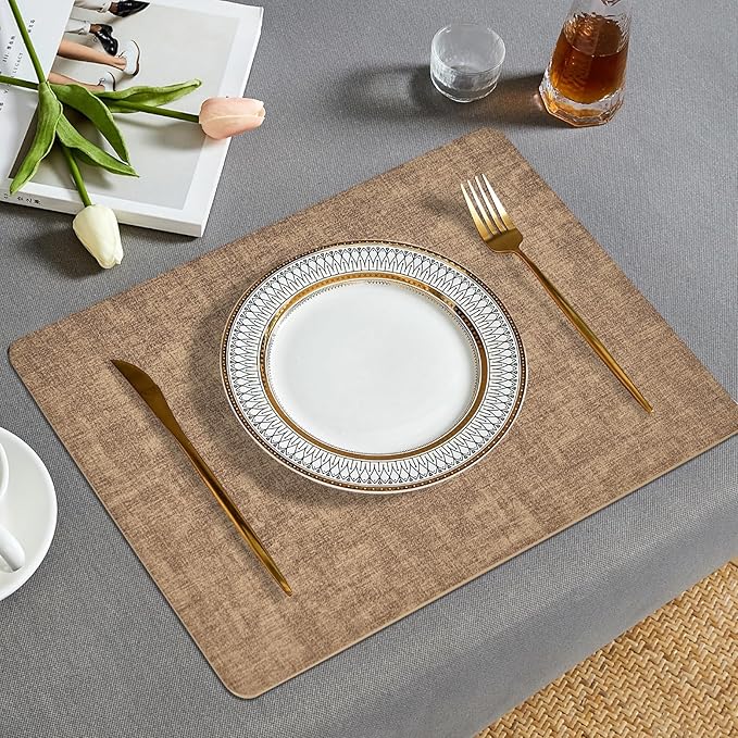 Boobezeen Faux Leather Placemats Set of 6, Heat Resistant Wipeable Washable Vinyl Place Mats, Waterproof Anti-Slip Dining Table Mats, Suitable for Indoor & Outdoor Use (Light Brown)