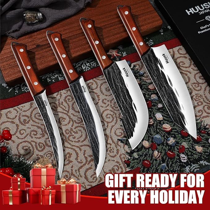 Huusk Butcher Knife Set, 4 PCS Hand Forged BBQ Knife Set for Meat Cutting, Sharp Meat Carving Breaking Knives with Ergonomic Handle, Christmas Gifts for Men Women