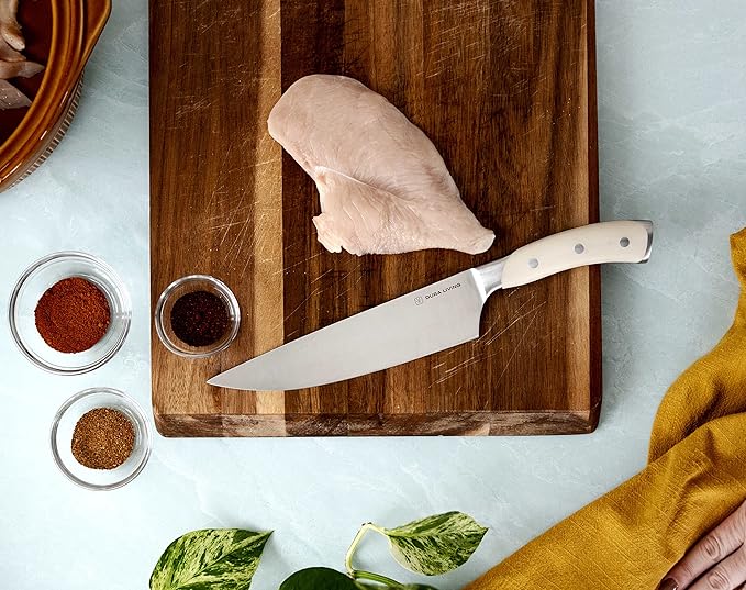 DURA LIVING 8-Inch Chef Knife ??Ultra-Sharp German High Carbon Stainless Steel, Full Tang, Ergonomic Handle, Multipurpose Kitchen Knife for Chopping, Slicing, and Dicing, Cream