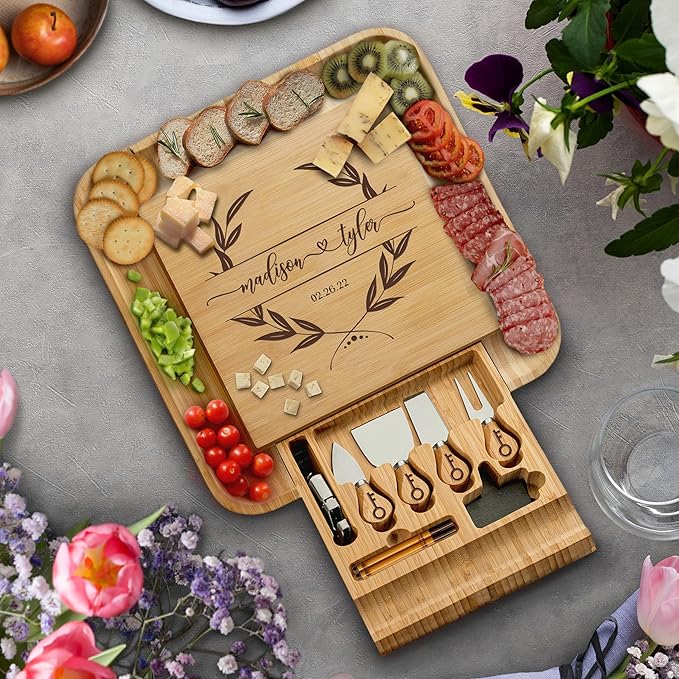 Personalized Charcuterie Board - Custom Engraved Bamboo Cheese Board Set for Couples, House Warming Gifts New Home, Wedding, Bridal Shower, Birthday Gifts for Women, Anniversary, New Year Gift