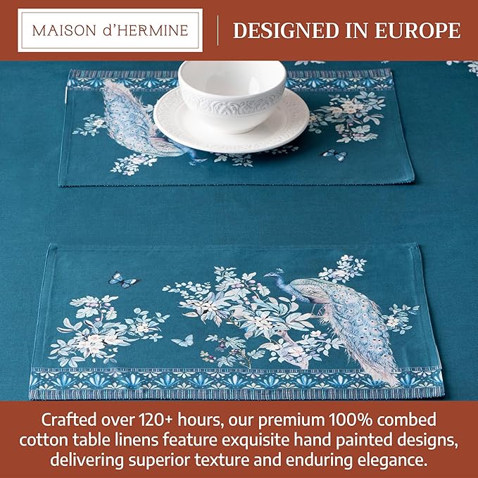 Maison d' Hermine Place Mats 100% Combed Cotton Premium (13 Inch x 19 Inch) Cloth Place Mat Washable Dinner Placemat, Dinner & Dining, Peacock Utopia - Deep Sea (Set of 4)
