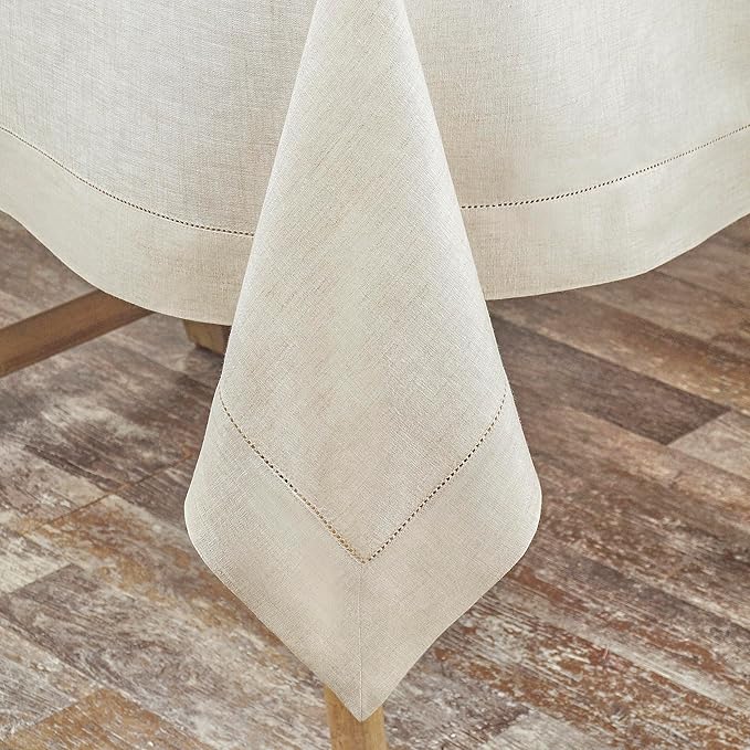 D'Moksha Homes Light Natural Linen Tablecloth for Rectangle Tables 60 x 132 Inch - 100% Pure Linen Natural Table Cloth - Classic Hemstitch, Machine Washable Dining Tablecloth for Valentines, Easter