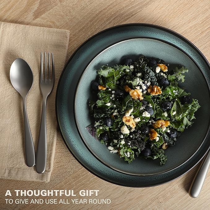 Gibson Elite Tribeca Loft 16-Piece Dinnerware Set ??Matte Black and Green Reactive Glaze Stoneware, Double Bowl Round Plates and Bowls ??Modern Rustic Tableware for 4, Dishwasher & Microwave Safe